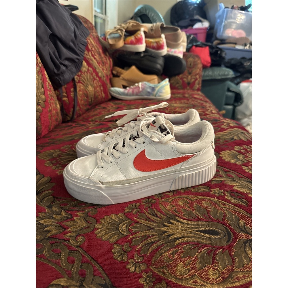 Nike Court Legacy Lift Sneakers Size 7White Leopard Print Orange Logo Women